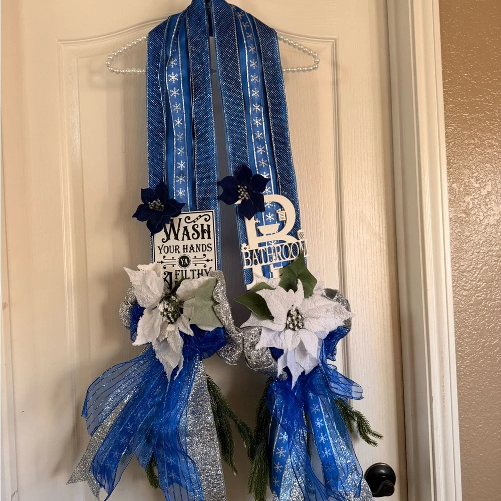 Blue and Silver Bathroom Door Decor with Poinsettias Scapular Holiday